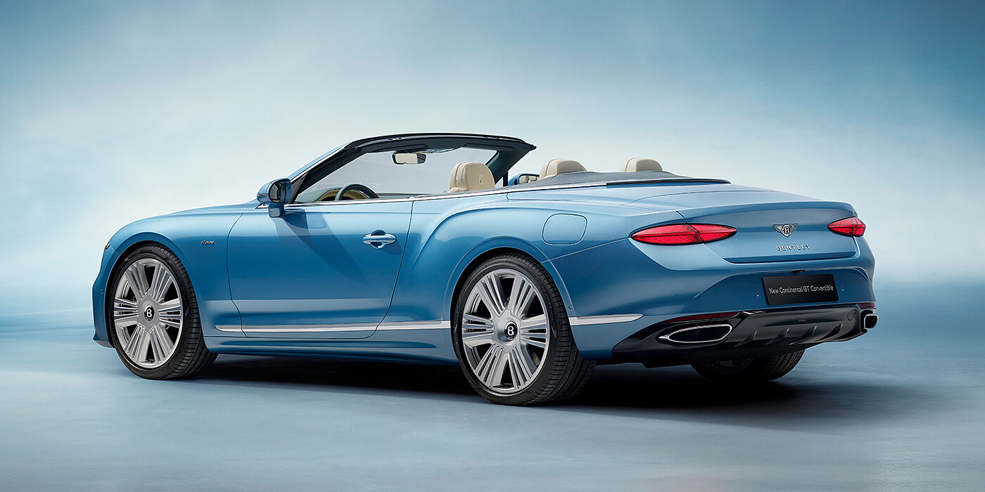 Bentley Manila New Bentley Continental GTC Azure convertible rear view in Light Windsor blue paint with 22 inch ten spoke wheels and chrome exterior details