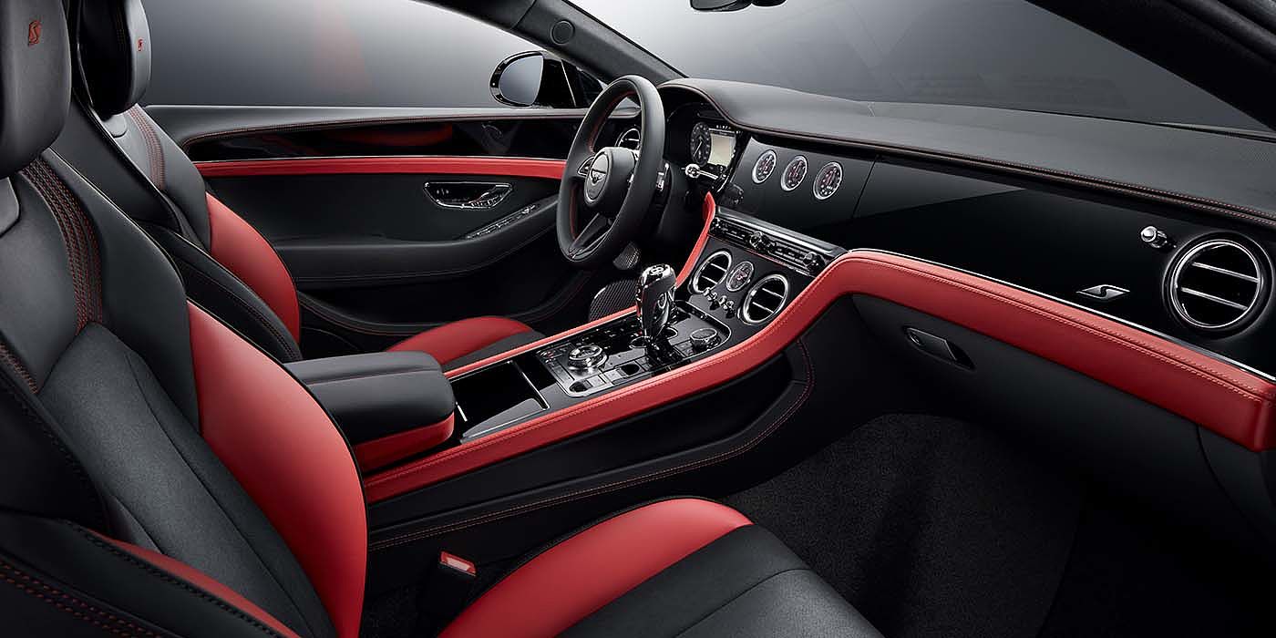 Bentley Manila Bentley Continental GT S coupe front interior in Beluga black and Hotspur red hide with high gloss Carbon Fibre veneer
