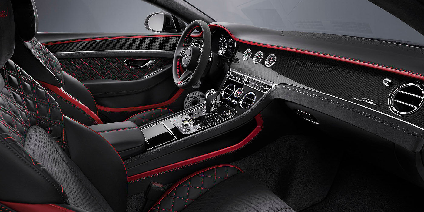 Bentley Manila Bentley Continental GT Speed coupe front interior in Beluga black and Hotspur red hide