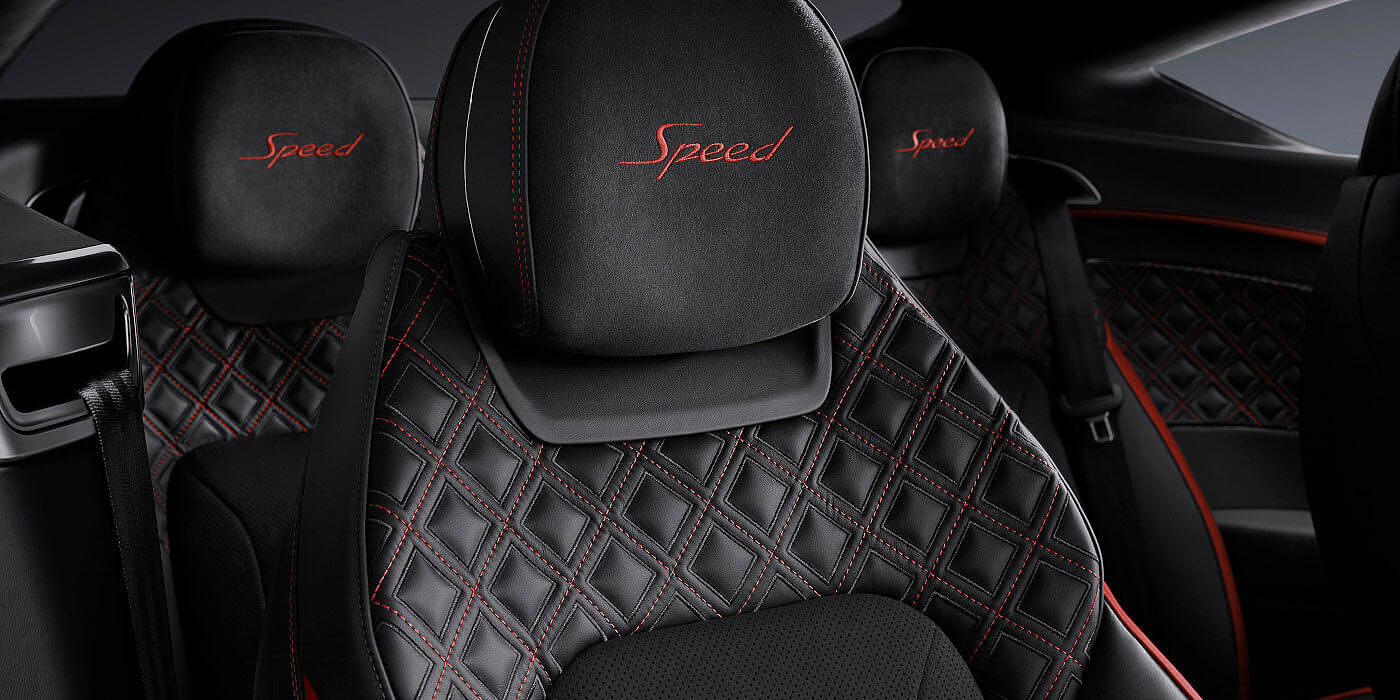 Bentley Manila Bentley Continental GT Speed coupe seat close up in Beluga black and Hotspur red hide