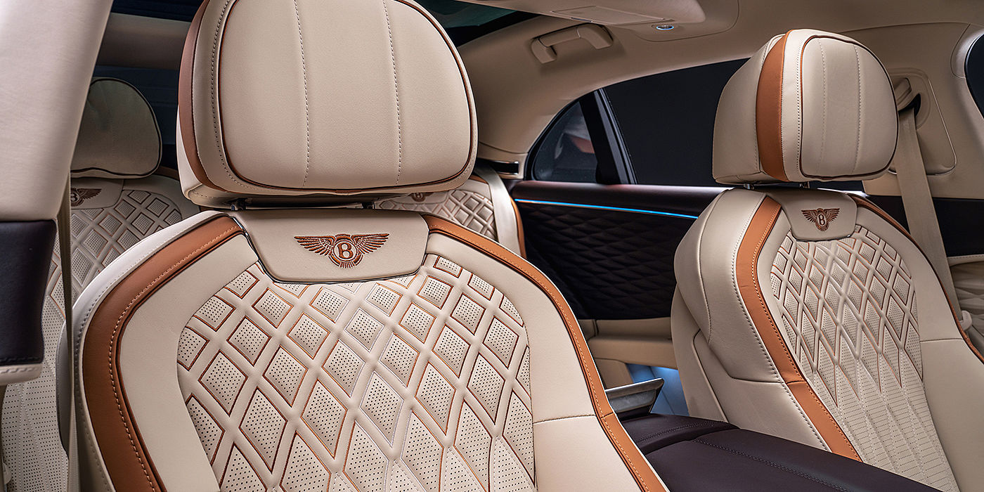 Bentley Manila Bentley Flying Spur Odyssean sedan rear seat detail with Diamond quilting and Linen and Burnt Oak hides