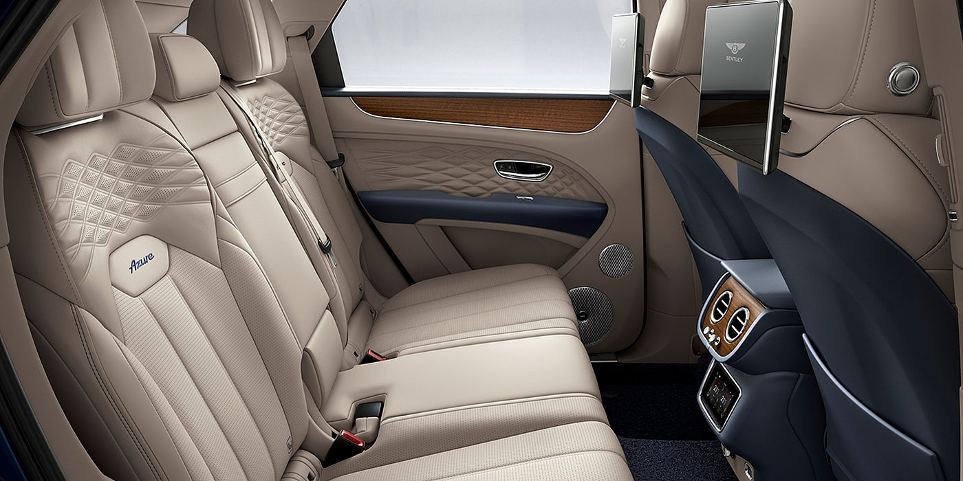 Bentley Manila Bentey Bentayga Azure interior view for rear passengers with Portland hide and Rear Seat Entertainment. 
