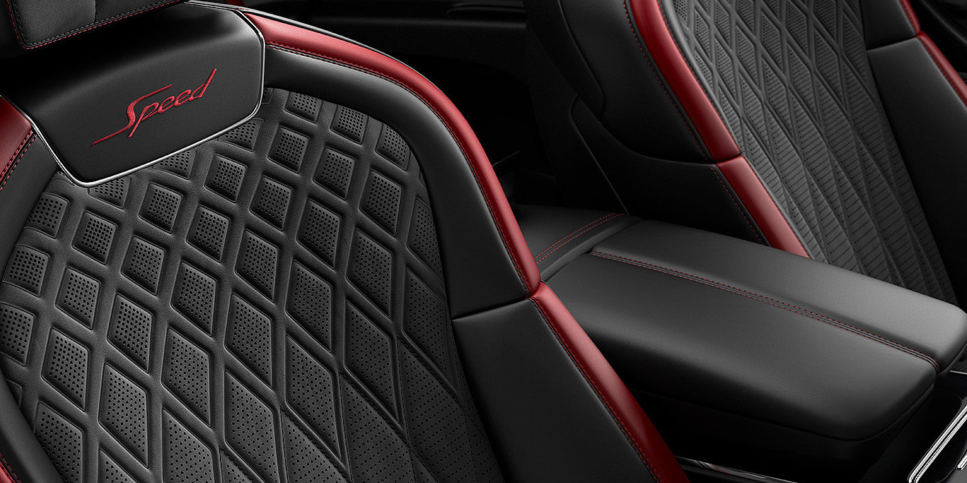 Bentley Manila Bentley Flying Spur Speed sedan seat stitching detail in Beluga black and Cricket Ball red hide