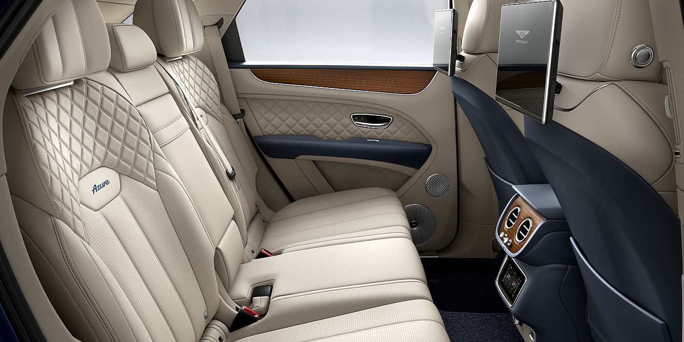 Bentley Manila Bentley Bentayga Azure SUV rear interior in Imperial Blue and Linen hide