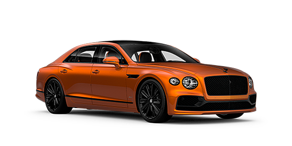 Bentley Manila Bentley Flying Spur Speed front side angled view in Orange Flame coloured exterior. 