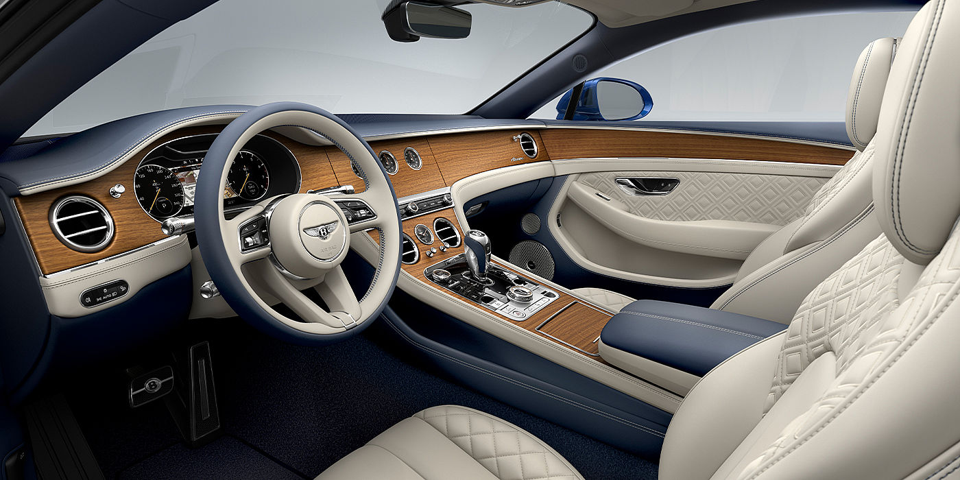 Bentley Manila Bentley Continental GT Azure coupe front interior in Imperial Blue and linen hide