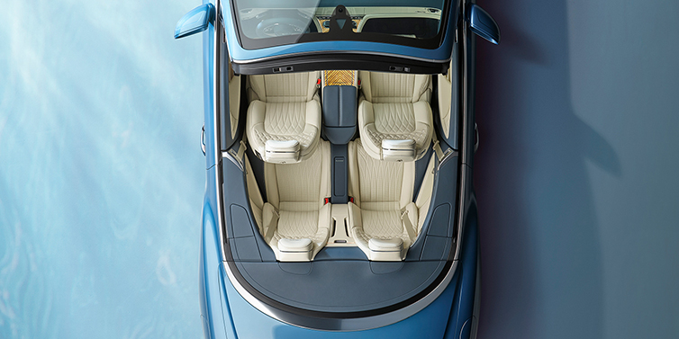 Bentley Manila New Bentley Continental GTC Azure convertible in Light Windsor blue paint overhead view of cabin with stitched Linen and Brunel hides