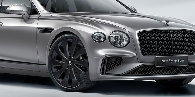 Bentley Manila New Bentley Flying Spur sedan front bonnet in Silverlake paint with Black Specification with black ten spoke wheel, black matrix grille and black exterior details