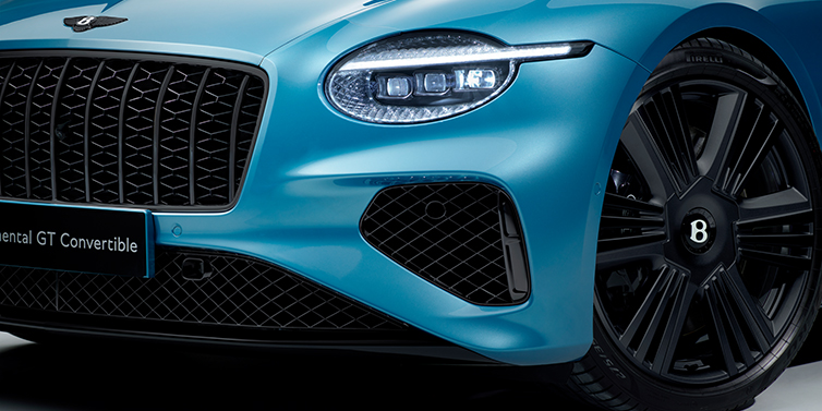 Bentley Manila New Bentley Continental GT Azure coupe bonnet detail with Blackline Specification including black grille and wheels with Light Windsor blue paint